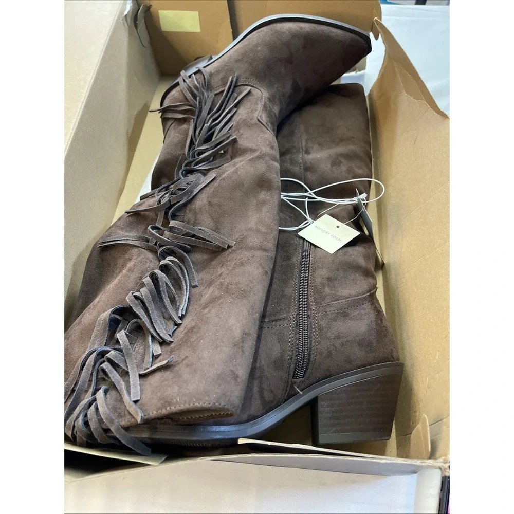 Universal Thread Brown Knee High Western Boots Fringe Faux Suede Zip Size 6 1/2